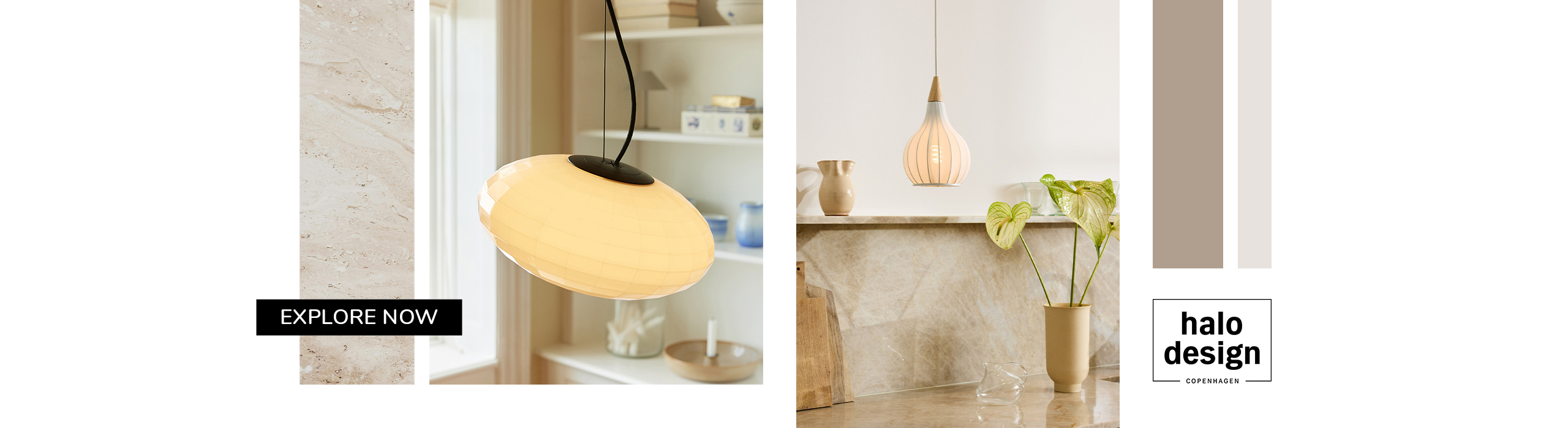 Elegant pendant lamps by Halo Design Copenhagen showcased in cozy, modern interior settings with natural tones and minimalist decor.           ChatGPT fragen