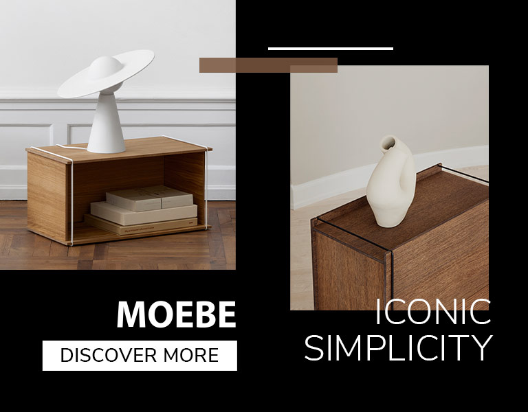 Discover More Minimalist wooden storage unit with white sculptural decor pieces, promoting Moebe’s simple and iconic Scandinavian design.